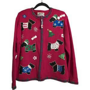VTG Heirloom Collectibles Red Christmas Dog Applique Cardigan Sweater Size M